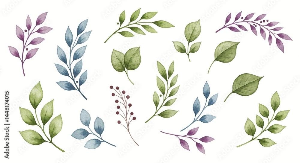 Naklejka premium Watercolor painting of leaves and stems of various shapes and sizes on white background.