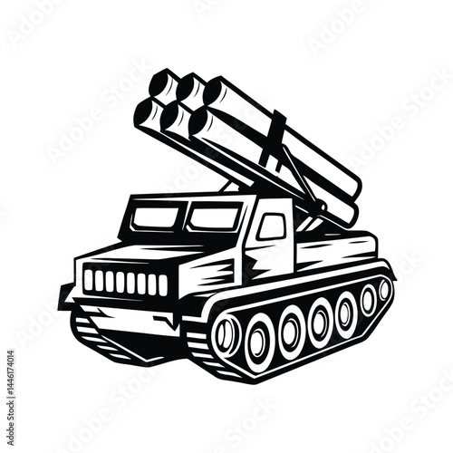 Retro Tank with Missile Launcher Icon, Military Vehicle Black and White Silhouette Style