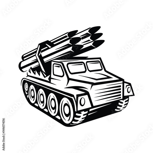 Black and White of a Missile Launcher Truck on Isolated Background