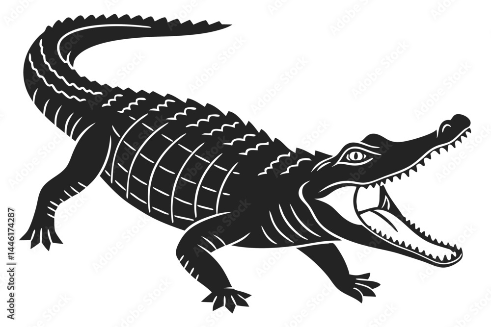 Obraz premium Silhouette of an Alligator with Open Mouth on a White Background