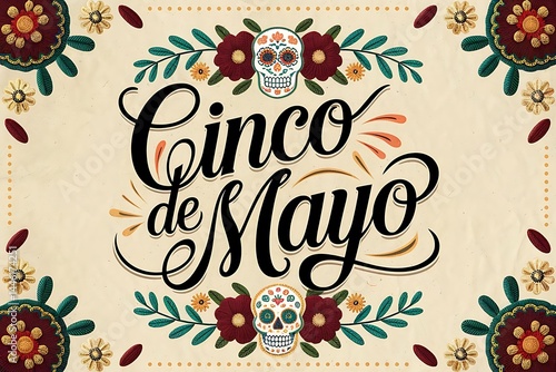 Colorful Cinco de Mayo Letter Art with Mexican Festive Elements – Sombreros, Maracas & Confetti