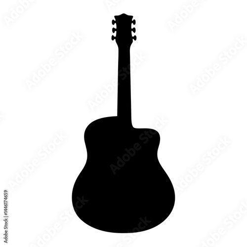 A black silhouette of an acoustic guitar with a cutaway body design
