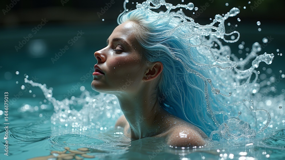 Obraz premium The image of a blue haired woman in water