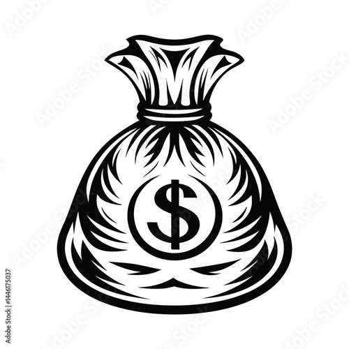 Black and White Money Bag Icon with Dollar Sign Design on Isolated Backdrop