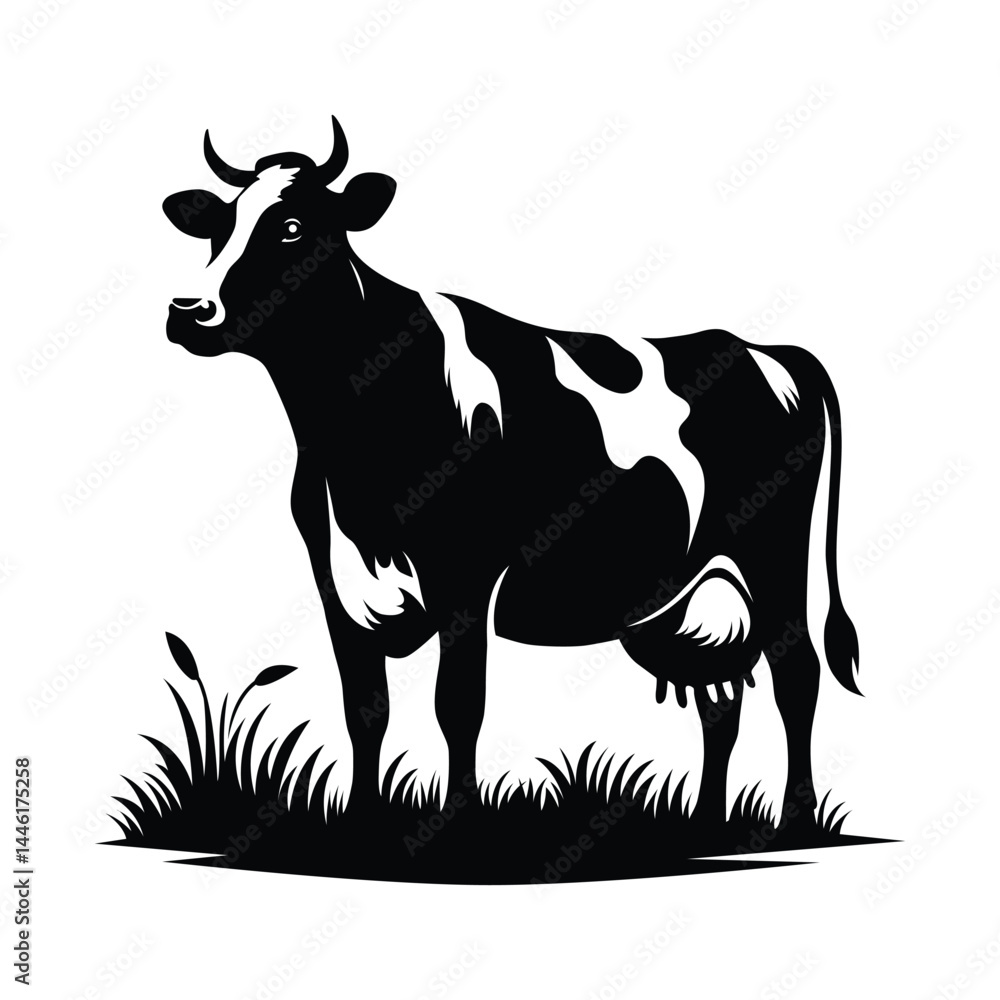 Fototapeta premium Cow Silhouette Vector Illustration White Background 