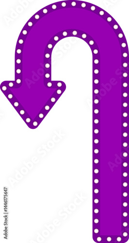 Curved graphic arrow, in the shape of a retro panel with circles of lamps around, making a curve, returning and changing direction, to direct information in design