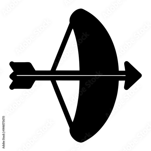 Simple black and white graphic illustration of a bow and arrow icon