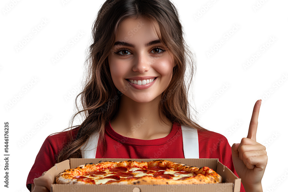 Female pizza delivery person holding fast food making a victory sign with two fingers isolated on a transparent background PNG Female pizza delivery person holding fast food making a victory sign with two fingers isolated on a transparent background PNG