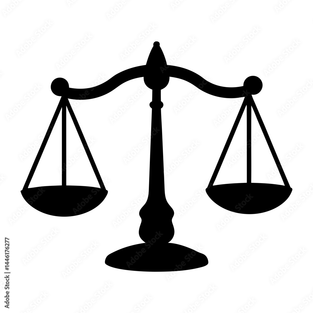 Black silhouette of a balance scale representing law, justice, and equilibrium Black silhouette of a balance scale representing law, justice, and equilibrium