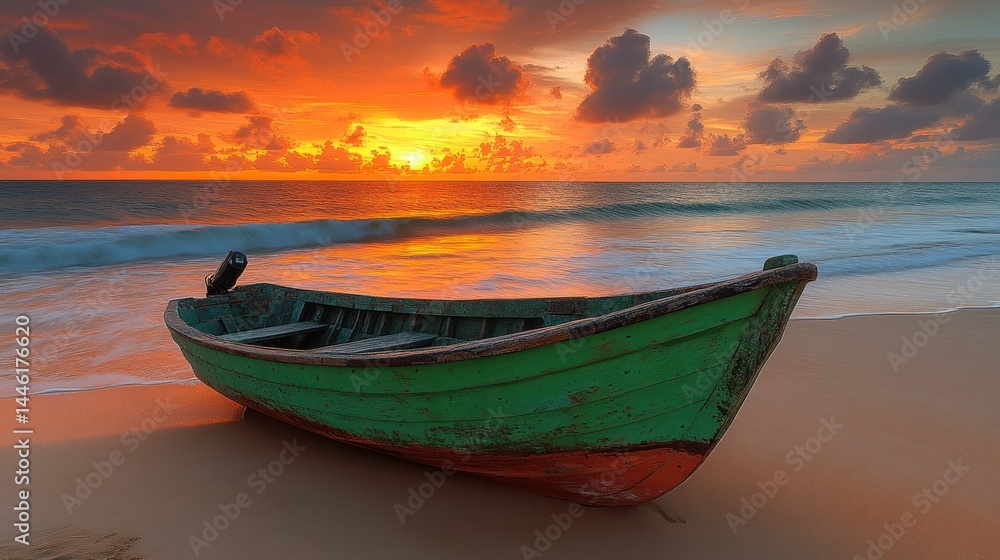 Sunset tranquility on a beach with a small fishing boat Sunset tranquility on a beach with a small fishing boat