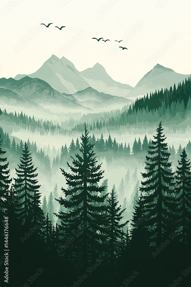 Fototapeta premium Misty Mountain Forest Serene Green Landscape.