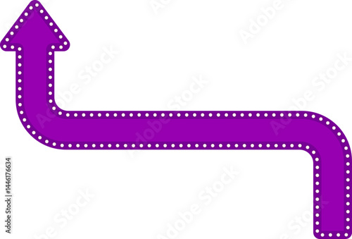 Straight graphic arrow with two rounded corners, in the shape of a retro panel with circles of lamps around, to direct information in the design