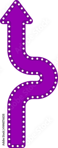 Straight graphic arrow with a well-defined curve, in the shape of a retro panel with circles of lamps around, to point and indicate information