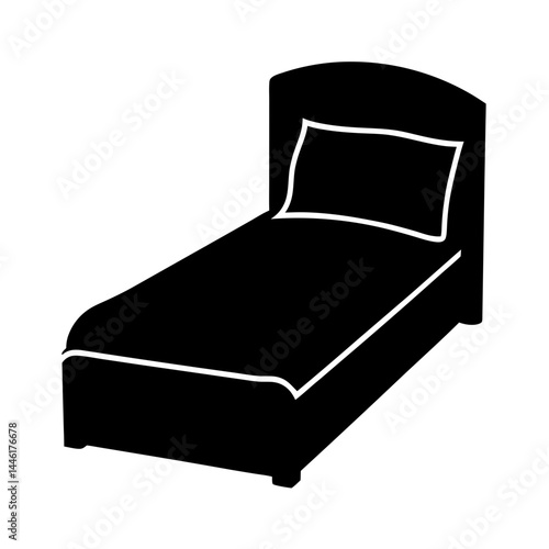 Simple Single Bed with Pillow and Classic Headboard Black Silhouette