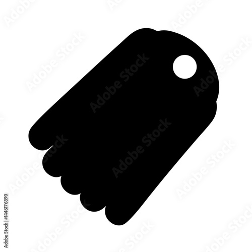 Stylized image of a black price tag with curved edges and a hole