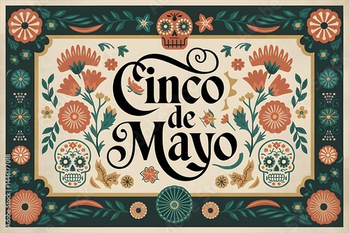 Colorful Cinco de Mayo Letter Art with Mexican Festive Elements – Sombreros, Maracas & Confetti