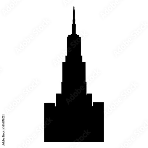 Black silhouette of a classic art deco skyscraper against a white background