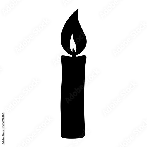 A stark black silhouette of a candle burning brightly against white background