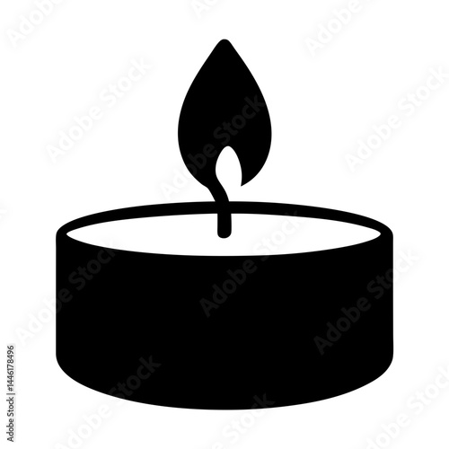 Simple Black Tea Light Candle with Burning Flame Illustration on White
