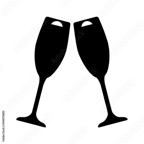 Two champagne flutes toasting together in a minimalist black and white graphic