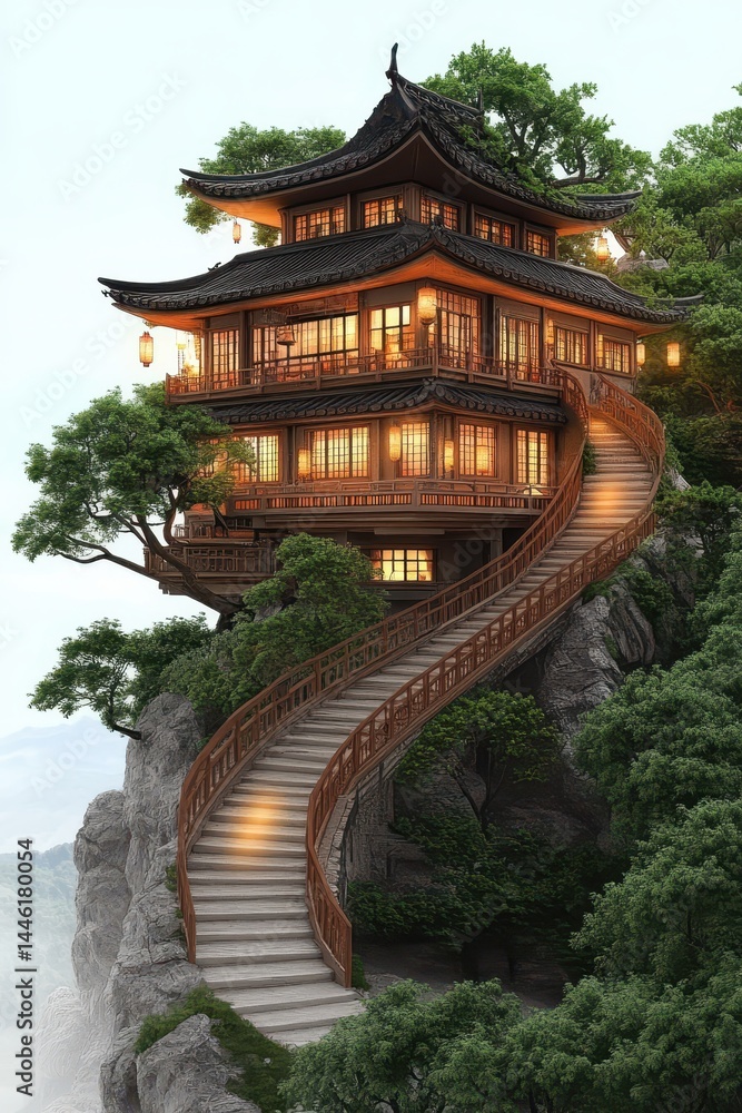 Fototapeta premium Illuminated Mountaintop Temple with Winding Staircase