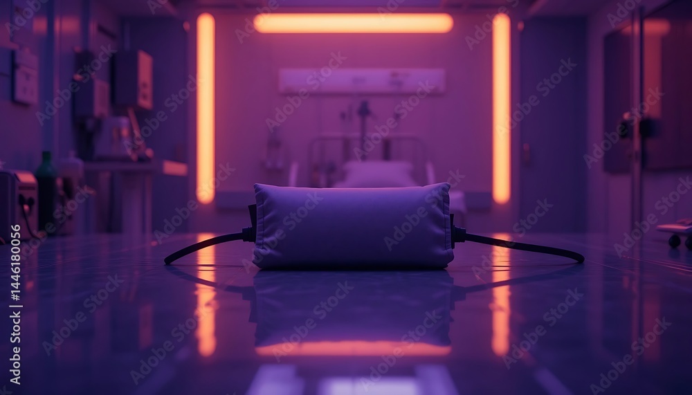 Medical Device on Bedside Table in Hospital Room with Colored Lighting