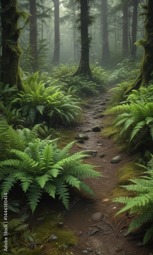 Fototapeta premium Deep green ferns unfurl on a mossy forest floor , macro, wilderness