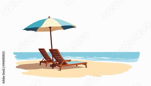 Empty lounge chairs under beach umbrella, serene vacation ambiance