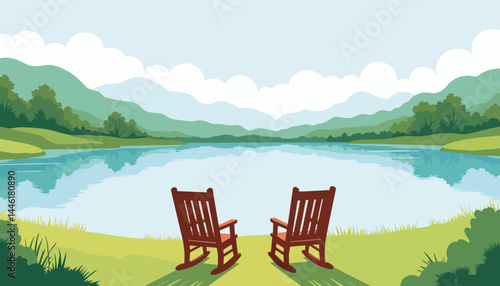 Serene retirement scene with rocking chairs by calm lake, tranquility