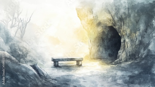 Ethereal Scene of Rock Cave Entrance with Stone Seat and Light Rays