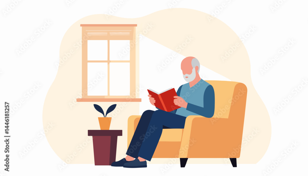 Fototapeta premium Senior man reading book in cozy nook, joyful relaxation