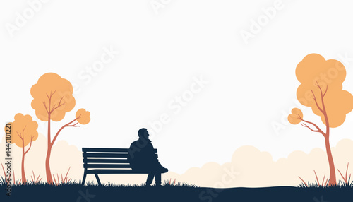 Senior man contemplating on bench surrounded by abstract trees, introspection