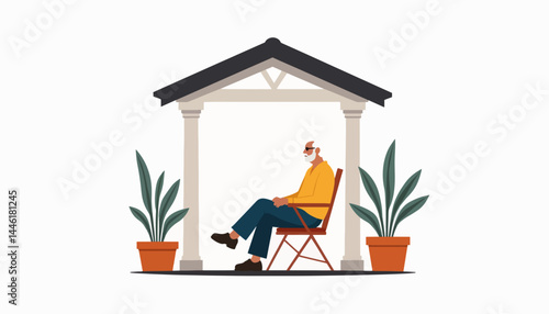 Senior man relaxing on porch, simple vector illustration