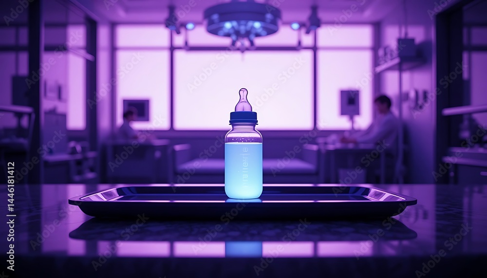Glowing Baby Bottle on Tray in Futuristic Interior