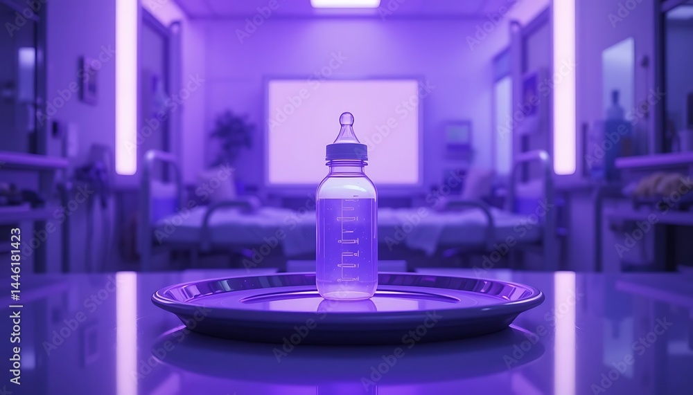 Baby Bottle on Tray in Hospital Setting with Purple Lighting