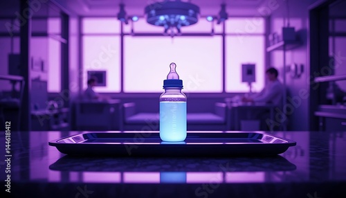 Obraz na płótnie Glowing Baby Bottle on Tray in Futuristic Interior w salonie