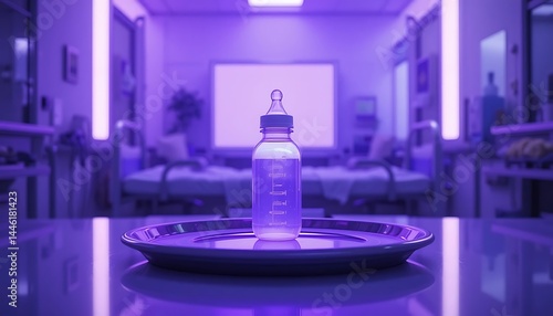 Obraz na płótnie Baby Bottle on Tray in Hospital Setting with Purple Lighting w salonie