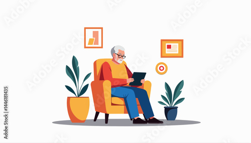 Senior man enjoying online news on tablet in cozy living room, digital connection