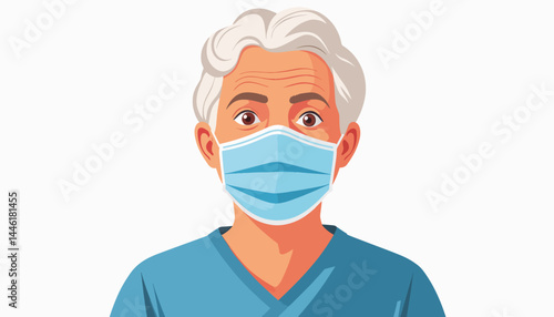 Senior man wearing medical mask, simple and iconic illustration