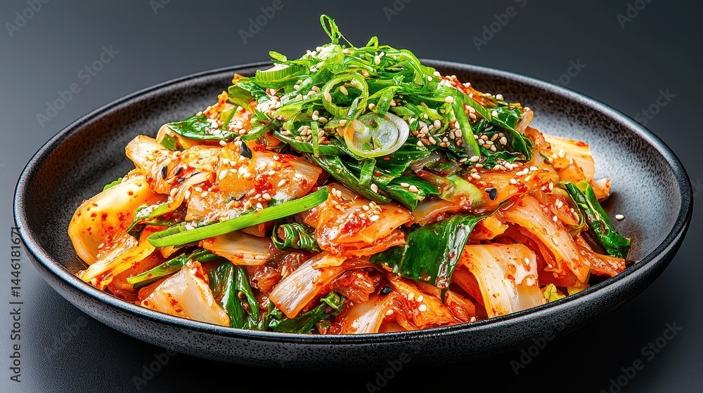 Kimchi Salad Close Up in Black Bowl Vibrant Red Green Onions Dark Studio Lighting Kimchi Salad Close Up in Black Bowl Vibrant Red Green Onions Dark Studio Lighting
