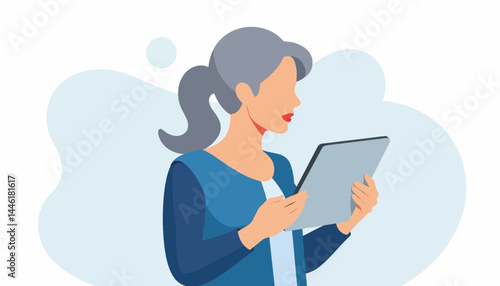 Senior woman engaged with tablet in minimalistic design, digital connection