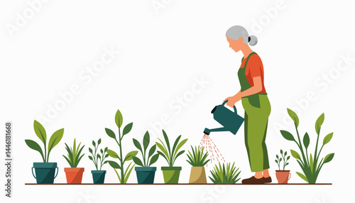 Senior woman watering plants in garden, nurturing nature