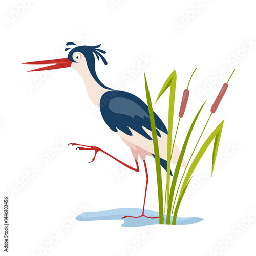 Cartoon illustration of heron standing in reeds by the water. Elegant wading bird in natural wetland habitat. Symbol of wildlife protection, biodiversity and environmental balance. Flat vector