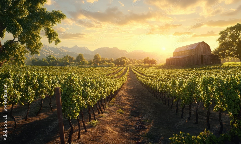 Naklejka premium Idyllic vineyard at sunset with rows of lush grapevines, a rustic barn in the distance, and soft golden light creating a warm atmosphere, .