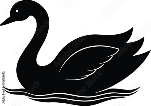 silhouette of a swan gliding on water on white