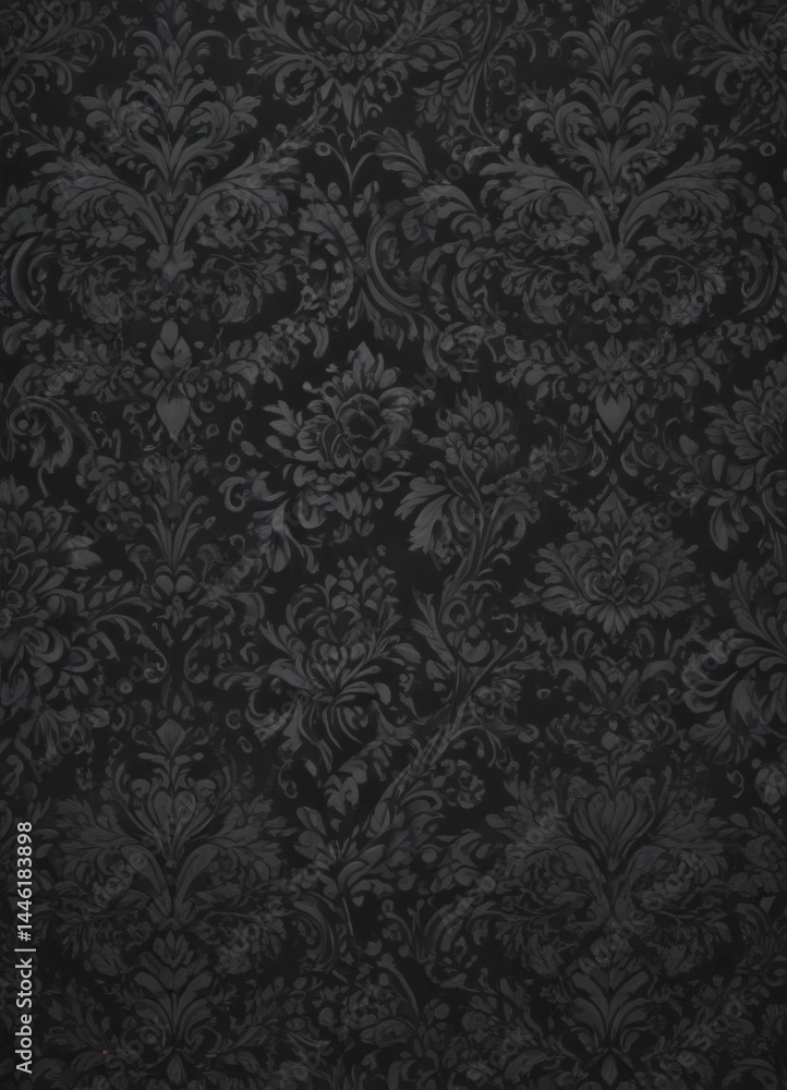 Intricate black damask floral pattern on dark grey , motif, muted, abstract Intricate black damask floral pattern on dark grey , motif, muted, abstract