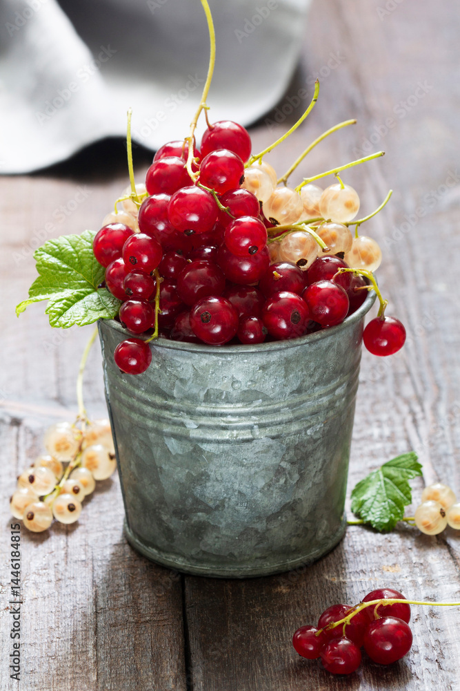 White and red currants in a metal bucket on a wooden background.