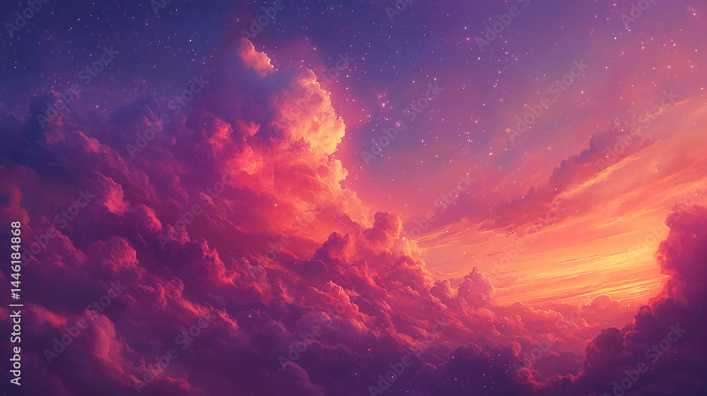 Naklejka premium Vibrant sunset cloudscape, fiery orange and purple hues, scattered stars, creating a dreamy, ethereal atmosphere, ideal for fantasy or celestial themes