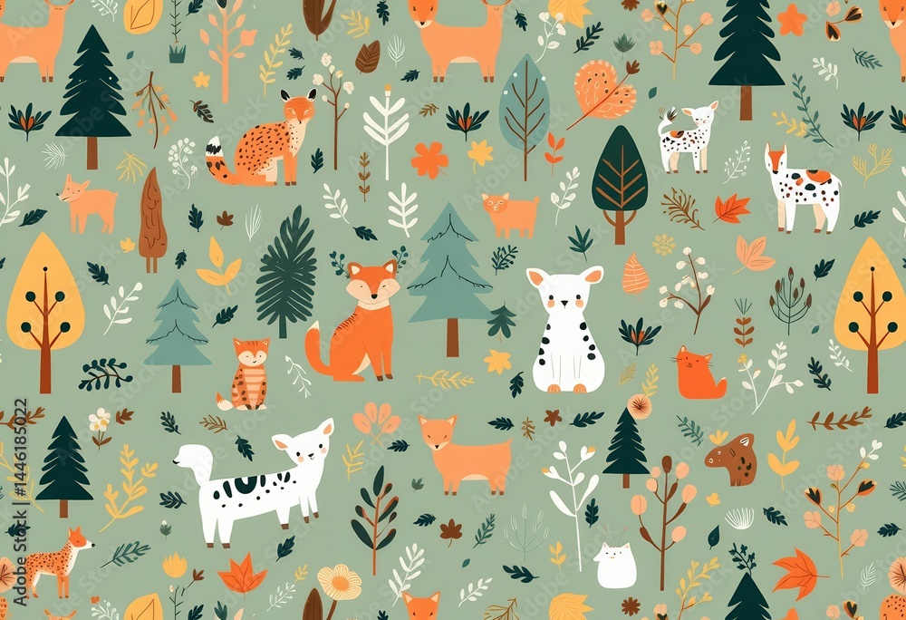 Seamless vector woodland pattern featuring adorable animals, trees, and leaves in a Scandinavian style, forest animals, deer Seamless vector woodland pattern featuring adorable animals, trees, and leaves in a Scandinavian style, forest animals, deer
