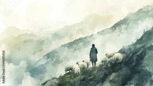 Lone shepherd with staff watches over flock of sheep on steep hillside in hazy mountainous watercolor painting style